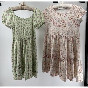 Girls Floral Cottagecore Dress Lot Size 14 XL Pink Green Smocked Tiered Boho